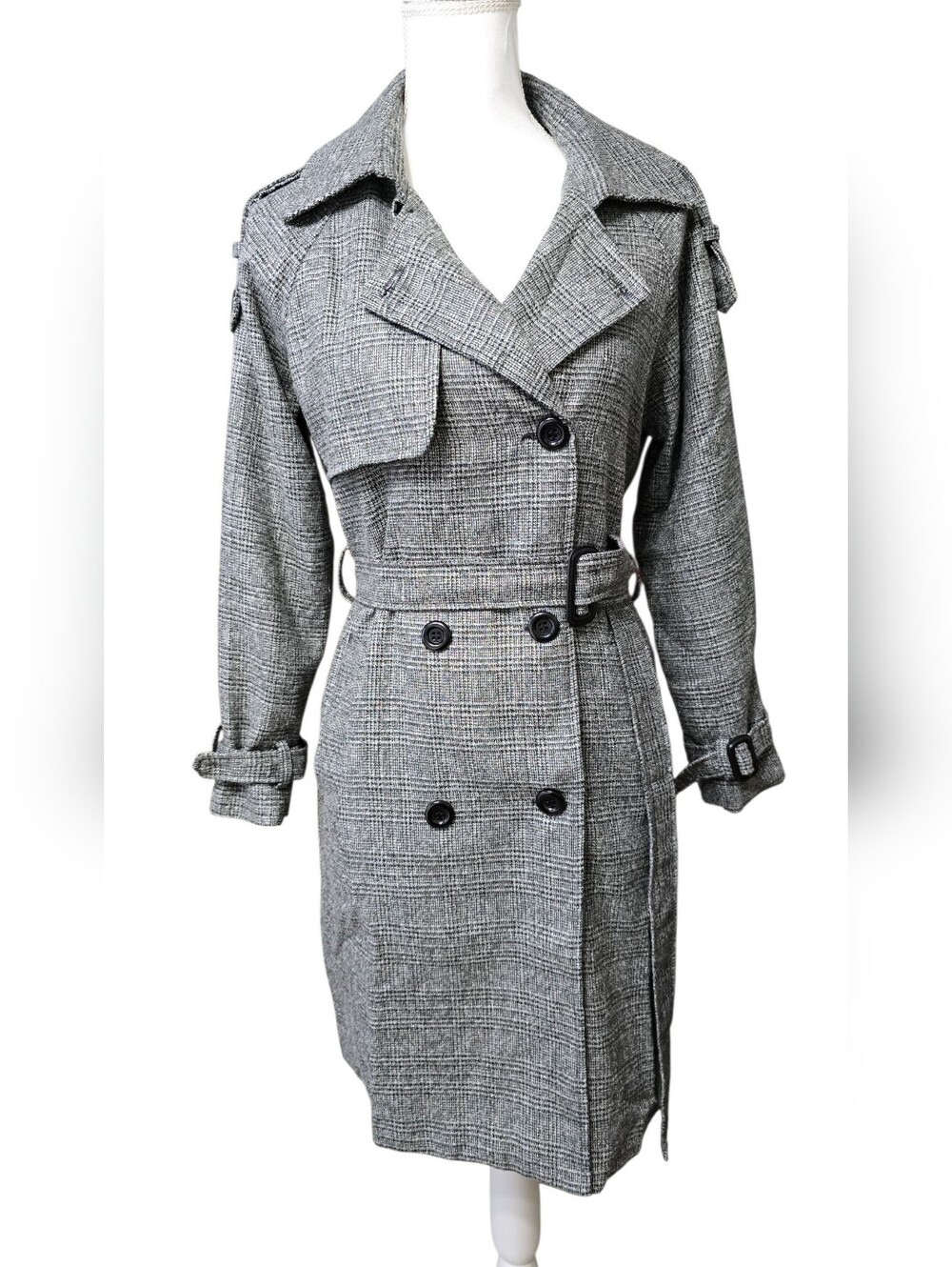 Gray Plaid Double-Breasted Trench Coat